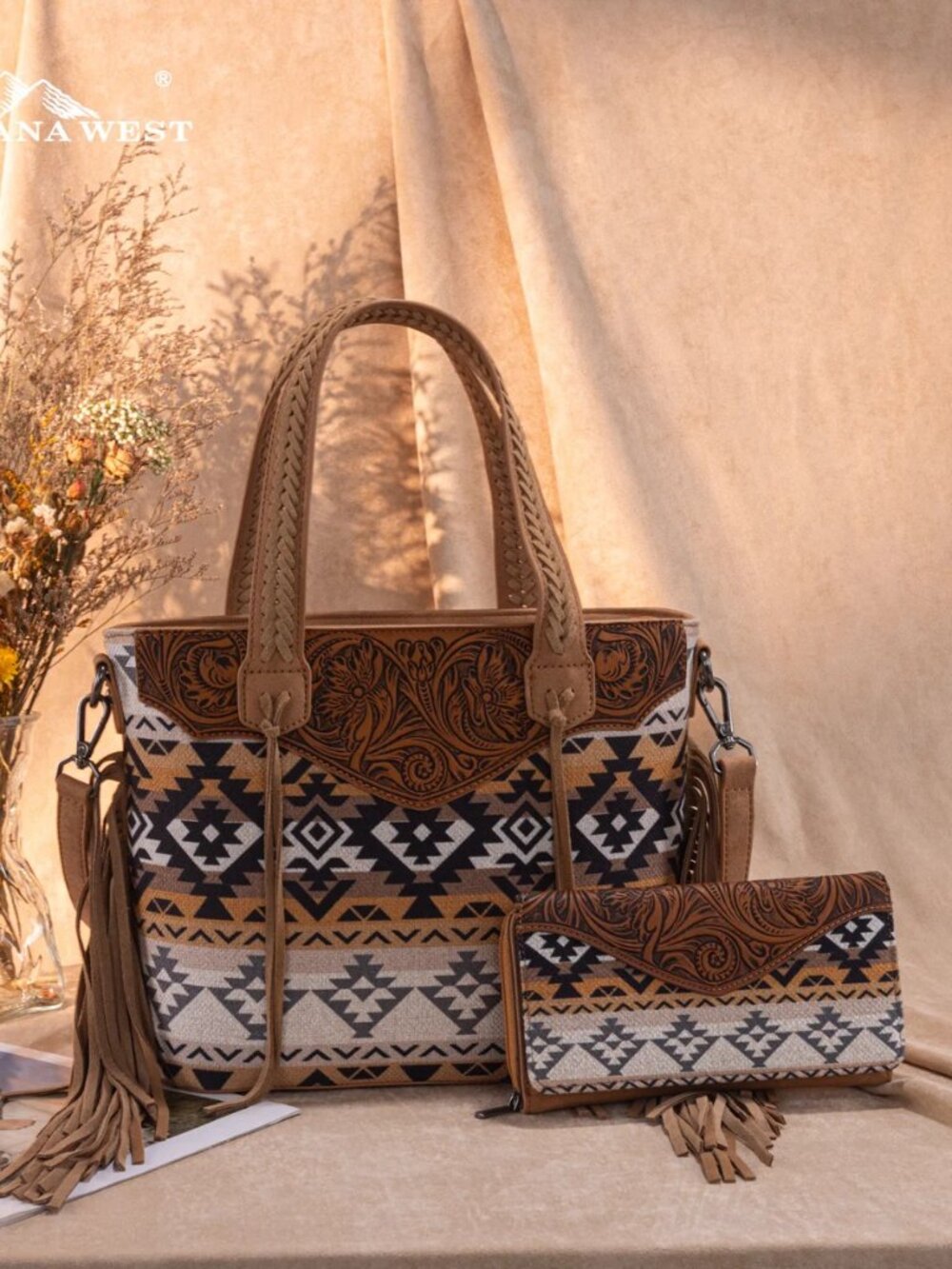 Montana West Tooled Aztec Tote/Crossbody with Wallet Set - Tan